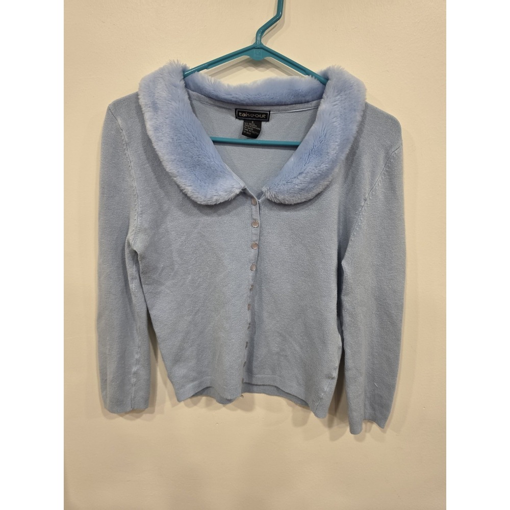 Faux Fur Collar Cardigan Baby Blue Vintage 90s Y2K Sweater Women Small Coquette